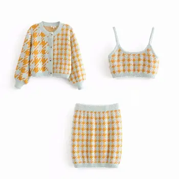 Set de trei piese pentru femei pulovere cardigan casual carouri scurt, pulovere elastic toamna lady camis topuri și mini-fusta costum seturi