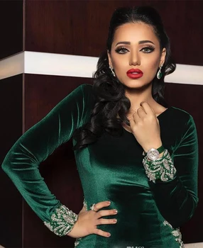 Sevintage Catifea Verde Seara Rochii de Dantela cu Margele V-neck Maneca Lunga Sirena arabă Musulmană Dubai Prom Rochii Prințesă