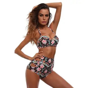 Sexy bikini Florale imprimate 2019 înaltă waisted halter bikini de costume de Baie Căptușit Costume de baie Plaja costum de Baie Brazilian costum de baie playa