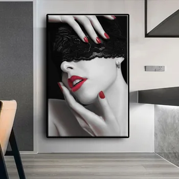 Sexy buze roșii femeie purtând ochi negru pe panza canvas arta print postere si printuri camera de zi dormitor imprimeuri