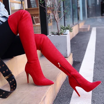 Sexy Faux Suede Coapsei Cizme Înalte Lady Slim Neagra Peste Genunchi Cizme Femei de Moda a Subliniat Întinde Tocuri inalte Pantofi Roșii Femeie