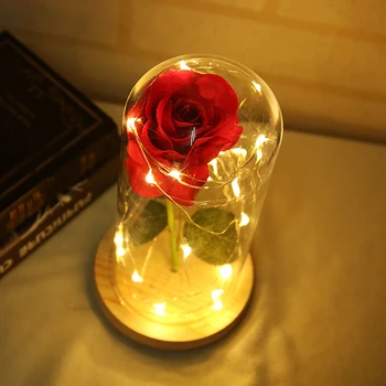 Sexy frumoasa Si ia Trandafir Rosu Floare În Cupolă de Sticlă Bază de Lemn Pentru a Decora Ziua Îndrăgostiților Cadouri de Craciun cu LED-uri a Crescut Lămpi