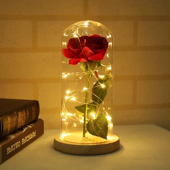 Sexy frumoasa Si ia Trandafir Rosu Floare În Cupolă de Sticlă Bază de Lemn Pentru a Decora Ziua Îndrăgostiților Cadouri de Craciun cu LED-uri a Crescut Lămpi