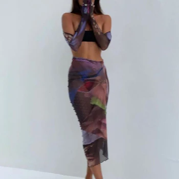 Sexy Grafice Imprimate Plasă a se Vedea-prin intermediul a Două Piese Set Femei fără mâneci Bodycon Fuste Clubwear Femei Set 2 Piese Streetwear