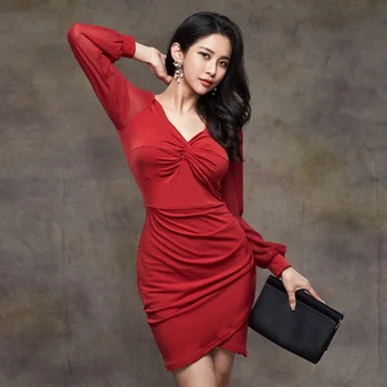 Sexy Korean-style femei slim fit hip V-neck hip 2020 primăvara și toamna bază fusta rochie rochie