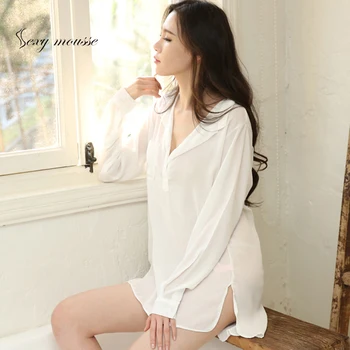 Sexy mousse de femei cămașă de noapte lenjerie rochie de camasa versiunea coreeană a iubit vrac secțiunea lung-pijama cu mâneci șifon alb