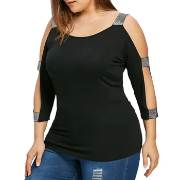 Sexy Off-the-umăr trapezoidală taie partea de sus de Moda pentru Femei Plus Dimensiune Scara Taie Strălucitoare T-shirt, O-Neck Solid Top