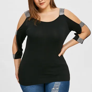 Sexy Off-the-umăr trapezoidală taie partea de sus de Moda pentru Femei Plus Dimensiune Scara Taie Strălucitoare T-shirt, O-Neck Solid Top