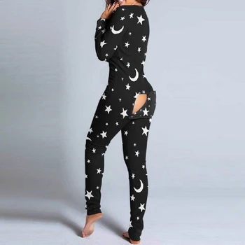 Sexy Pijama Salopeta Femei Costum de Buton-jos Față Spate Fundul Vagabond deschide Clapeta de Fund Salopeta Body de Craciun Imprimare Macacão