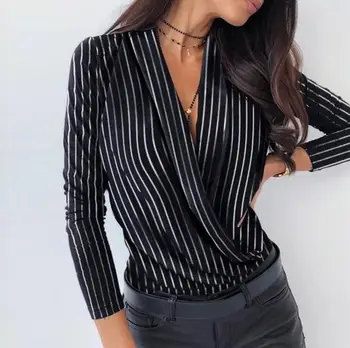 Sexy V-Gât Adânc Bluza Print Office-Eleganta Doamnelor Pulover Tricou Casual Pentru Femei Toamna Iarna Topuri Cu Maneci Lungi Blusas Streetwear