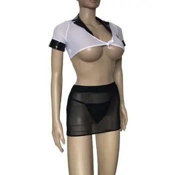 Sexy Vedea Prin Aer Hostess Femei Polițist de Poliție Uniforme Set de Lenjerie Încheie Culturilor Sus și Ochiurilor Fusta Mini Costum de Lux