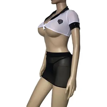 Sexy Vedea Prin Aer Hostess Femei Polițist de Poliție Uniforme Set de Lenjerie Încheie Culturilor Sus și Ochiurilor Fusta Mini Costum de Lux