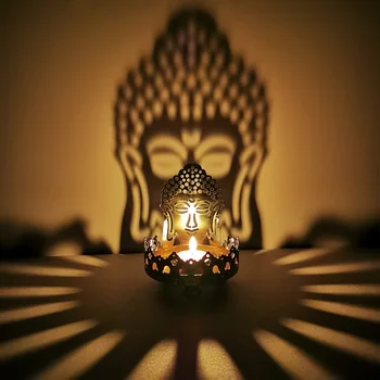 Sfeșnic Buddha Unt Ulei de Lampă Așezat Buddha Lotus Caracteristică Metal Gol Sculptat Lumină și Umbră Art Sfeșnic