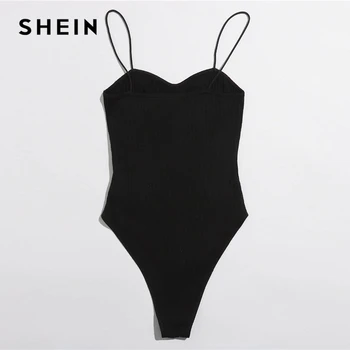 SHEIN Negru Rib-knit Solid Cami Body Femei Toamna Curea de Spaghete fără Mâneci Mijlocul Talie Casual, Skinny Bodysuits