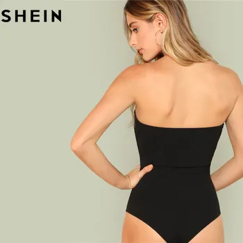 SHEIN Negru Skinny Sexy Mijlocul Talie Femei Costume 2018 Petrecere de Vara Ies Slim Montate Simplu fără Mâneci Strapless Body Nou