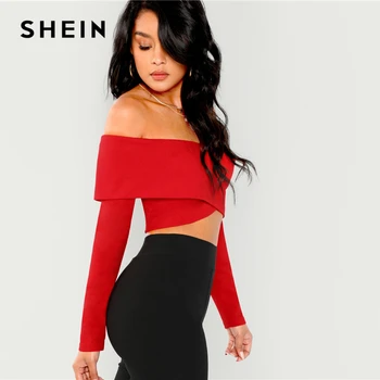 SHEIN Roșu Elegante, haine de Lucru Fermoar Spate Pe Umăr pe Umăr Cultură Solidă Bluza 2018 Toamna Sexy Femei Topuri Si Bluze