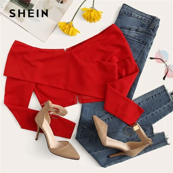 SHEIN Roșu Elegante, haine de Lucru Fermoar Spate Pe Umăr pe Umăr Cultură Solidă Bluza 2018 Toamna Sexy Femei Topuri Si Bluze