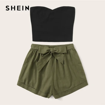 SHEIN Solid Top Si cu pantaloni Scurți Set 2019 Casual de Vară Strapless fără Mâneci Bandeau Drept Femei din Două Piese Set