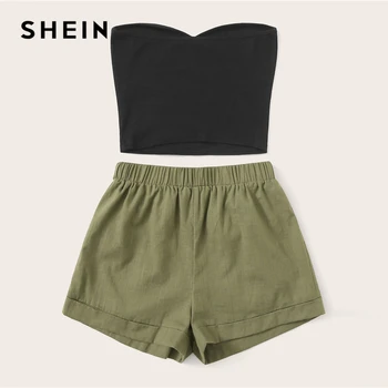 SHEIN Solid Top Si cu pantaloni Scurți Set 2019 Casual de Vară Strapless fără Mâneci Bandeau Drept Femei din Două Piese Set