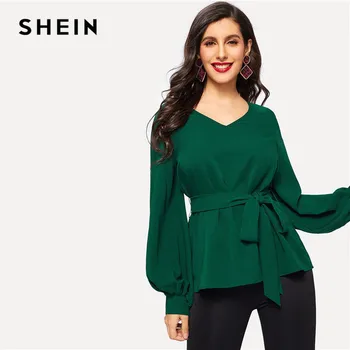 SHEIN Verde OL Doamnă Elegant Felinar Sleeve Belted Texturate V Neck Solid Bluza Femei de Primavara haine de Lucru Topuri Si Bluze