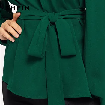 SHEIN Verde OL Doamnă Elegant Felinar Sleeve Belted Texturate V Neck Solid Bluza Femei de Primavara haine de Lucru Topuri Si Bluze