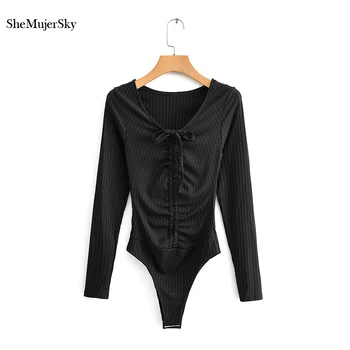 SheMujerSky Sexy Femei Maneca Lunga Body Skinny Slim Bandaj V-neck Culoare Solidă Dantelă Albă Costume Salopete 2019