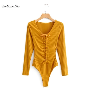SheMujerSky Sexy Femei Maneca Lunga Body Skinny Slim Bandaj V-neck Culoare Solidă Dantelă Albă Costume Salopete 2019