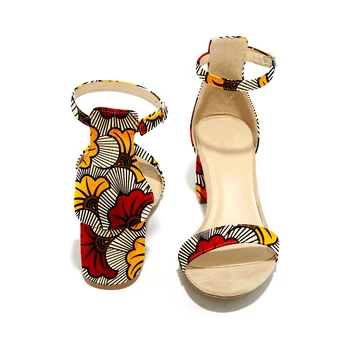 Shenbolen 2020 Femei sandale ankara imprimare tocuri sandale femei tocuri inalte pătrat petrecere pantofi de moda din africa ankara pantofi de imprimare