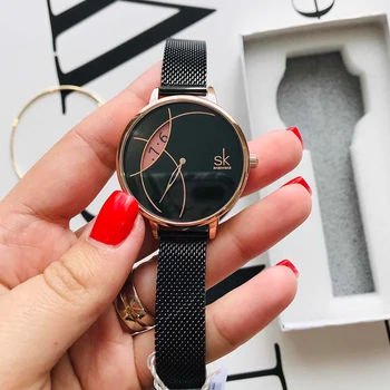 SHENGKE Nou de sex Feminin Ceasuri Femei de Cuarț Ceas Argint Mesh Negru Curea de Moda Casual, Design Creativ Prietena Reloj Mujer