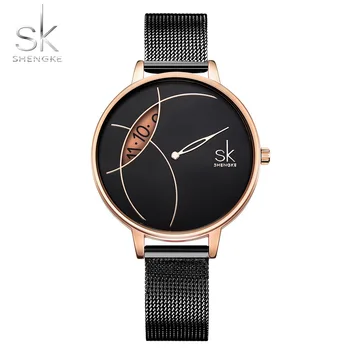 SHENGKE Nou de sex Feminin Ceasuri Femei de Cuarț Ceas Argint Mesh Negru Curea de Moda Casual, Design Creativ Prietena Reloj Mujer