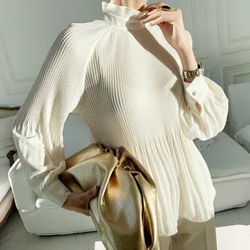 SHENGPALAE Bluza Eleganta pentru Femei Primavara 2021 Nou Stand de Guler Cutat Micro Transparent Culoare Solidă Lantern Maneca Feminin 5A129