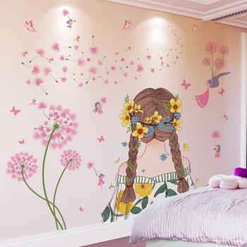 [SHIJUEHEZI] Fată de Desene animate Autocolante de Perete DIY Păpădia Flori Murală de Stickere pentru Camera Copilului Dormitor Copii Acasă Decorare