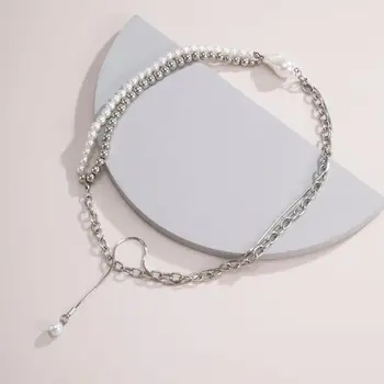 SHIXIN Asimetrie Margele Perla Cravată Colier pentru Femei cu Lanț Scurt, Cu Ciucure Perla Pandantiv Coliere la Gât Bijuterii de Culoare