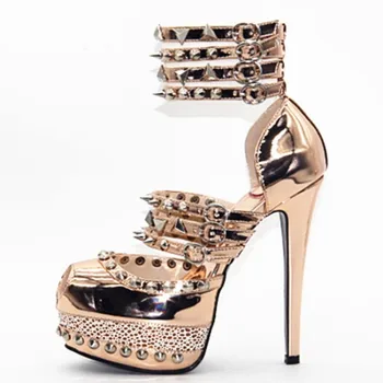 SHOFOO pantofi,moda Elegant pantofi pentru femei, nit decor, 14.5 cm toc înalt sandale peep toe sandale femei, sandale.