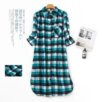 Shuchan Primavara Toamna Femei, Plus Dimensiune Sleepwear Rochie Cu Maneca 3/4 Din Bumbac Carouri Cămașă De Noapte De Zi Cu Zi La Genunchi Saias