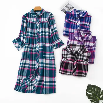 Shuchan Primavara Toamna Femei, Plus Dimensiune Sleepwear Rochie Cu Maneca 3/4 Din Bumbac Carouri Cămașă De Noapte De Zi Cu Zi La Genunchi Saias