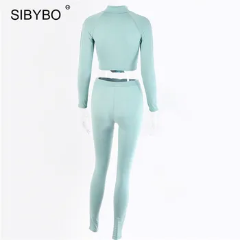 Sibybo Casual Trening Femei Set 2 Piese Zip Culturilor Topuri Și Pantaloni De Trening Lungi Seturi 2020 Noua Moda Elastica Fitness Mathings Se Potriveste