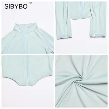 Sibybo Casual Trening Femei Set 2 Piese Zip Culturilor Topuri Și Pantaloni De Trening Lungi Seturi 2020 Noua Moda Elastica Fitness Mathings Se Potriveste