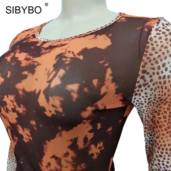 SIBYBO Leopard Print Mesh Îmbinat Sexy Rochie Mini cu Maneci Lungi Neregulate Vara Femei Rochie Club de noapte Scurte Rochie de Petrecere