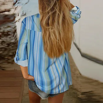Sifon Imprimat Cu Dungi, Bluze Femei De Moda V Guler Buton Bottom Tricou Topuri Bluze Femei 2020 Nou Fierbinte Transport Gratuit Por