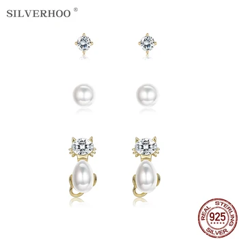 SILVERHOO Argint 925 Cercei Pentru Femei Drăguț Pisoi & Shell Pearl și Rotund CZ Mici Stud Cercei Seturi Bijuterii de Lux