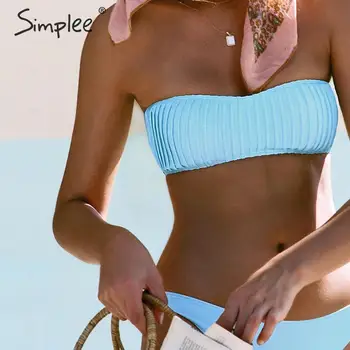 Simplee Casual ruched bikini seturi pentru Femei costume de baie bandeau Solidă push-up de femeie costume de baie Vara plaja amatori de Scăldat costum de baie 2020
