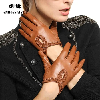 Simplu de toamnă mănuși din piele pentru femei de Înaltă calitate din Piele de oaie mănuși de dantelă de conducere manusi touch - L097