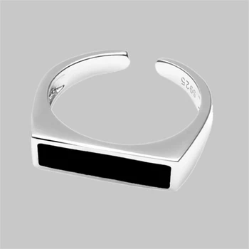 Simplu Promovare Vânzare Negru Galze Linie Geometrică Inele Reglabile S925 Argint Bijuterii Pentru Femei De Sex Feminin Dreptunghi Inel