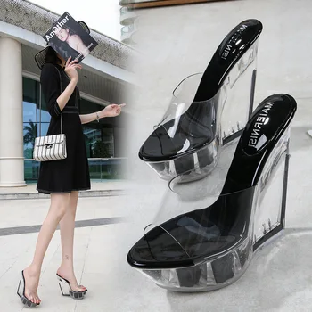 Simplu Temperament Femei Pantofi cu Toc din PVC Transparent Platforma Wedge Flori Pompe 14CM Super Toc Doamnelor Sandale de Vara