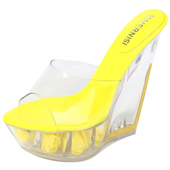 Simplu Temperament Femei Pantofi cu Toc din PVC Transparent Platforma Wedge Flori Pompe 14CM Super Toc Doamnelor Sandale de Vara