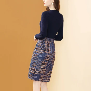 Singurul Plus Femeile Mozaic Kintted Midi Dress O-Gât Cald Butonul Fusta Splic Bodycon Slim Lady Rochii De Moda De Design