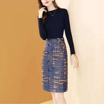 Singurul Plus Femeile Mozaic Kintted Midi Dress O-Gât Cald Butonul Fusta Splic Bodycon Slim Lady Rochii De Moda De Design