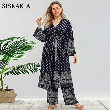 Siskakia Plus Dimensiune Etica Imprimare 2 Piese Set pentru Femei Maneca Lunga Kimono Top cu Pantaloni Lungi arabă Turcia Set Casual Homewear