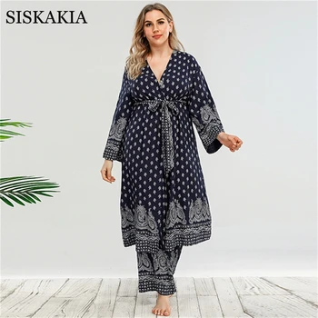 Siskakia Plus Dimensiune Etica Imprimare 2 Piese Set pentru Femei Maneca Lunga Kimono Top cu Pantaloni Lungi arabă Turcia Set Casual Homewear